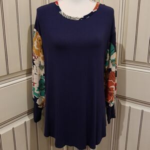 MAI Soli Mix Material Solid/Floral Long Sleeve Size Large Navy